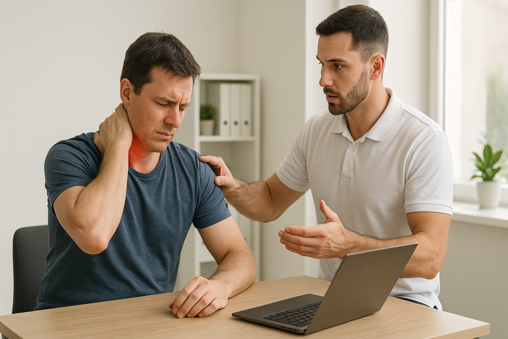 Osoba z bólem szyi i barków podczas konsultacji z fizjoterapeutą
